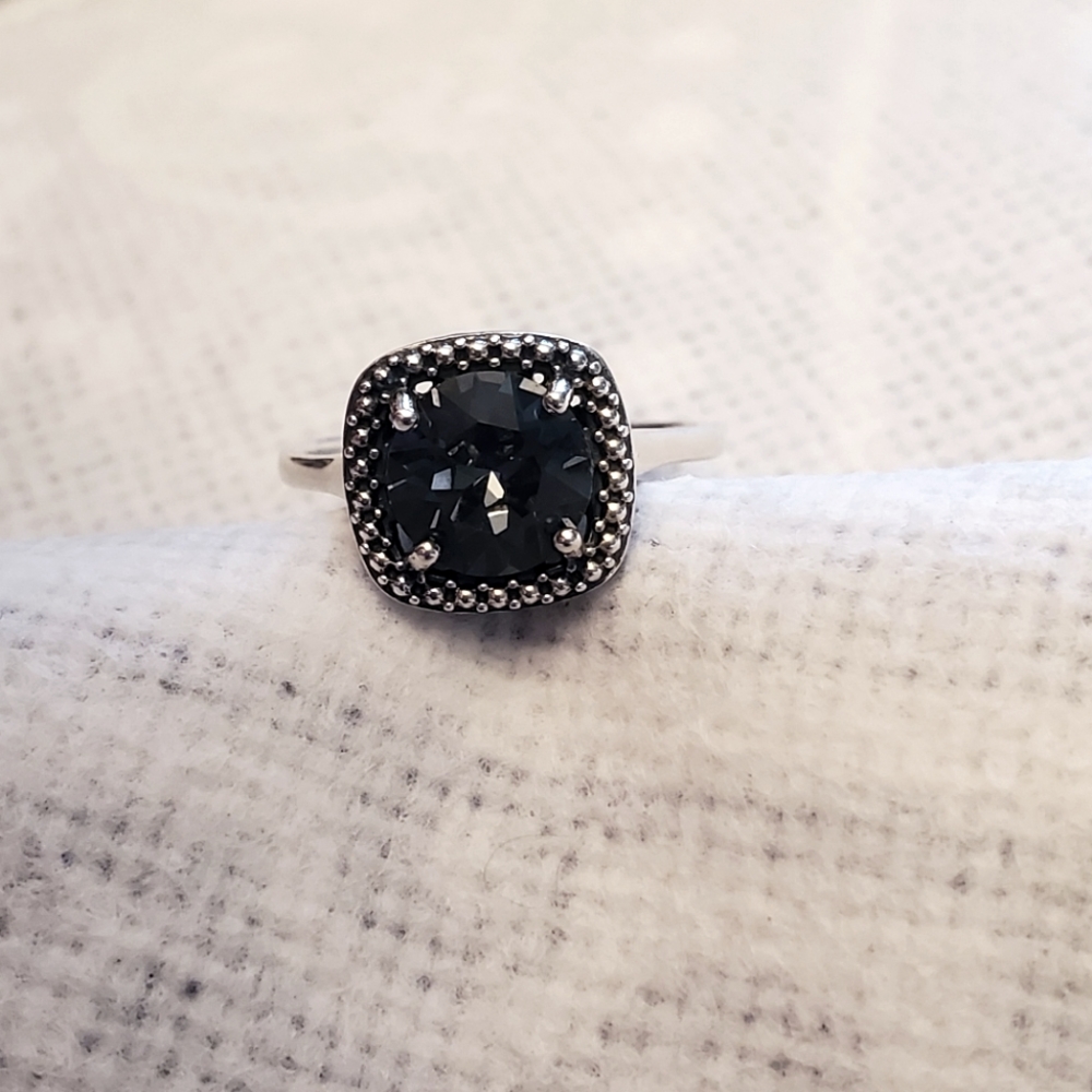 Sterling silver ring with cushion cut smoky Swarovski crystal